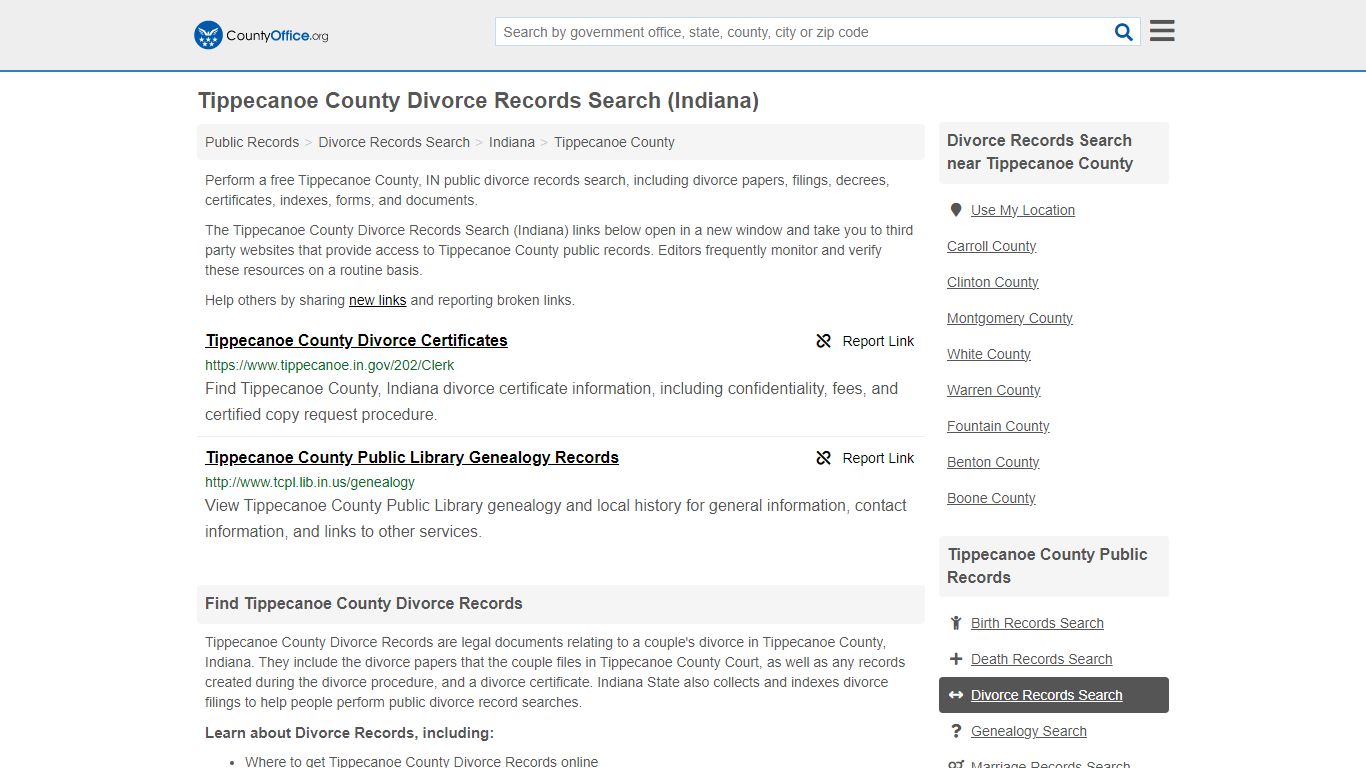 Tippecanoe County Divorce Records Search (Indiana) - County Office